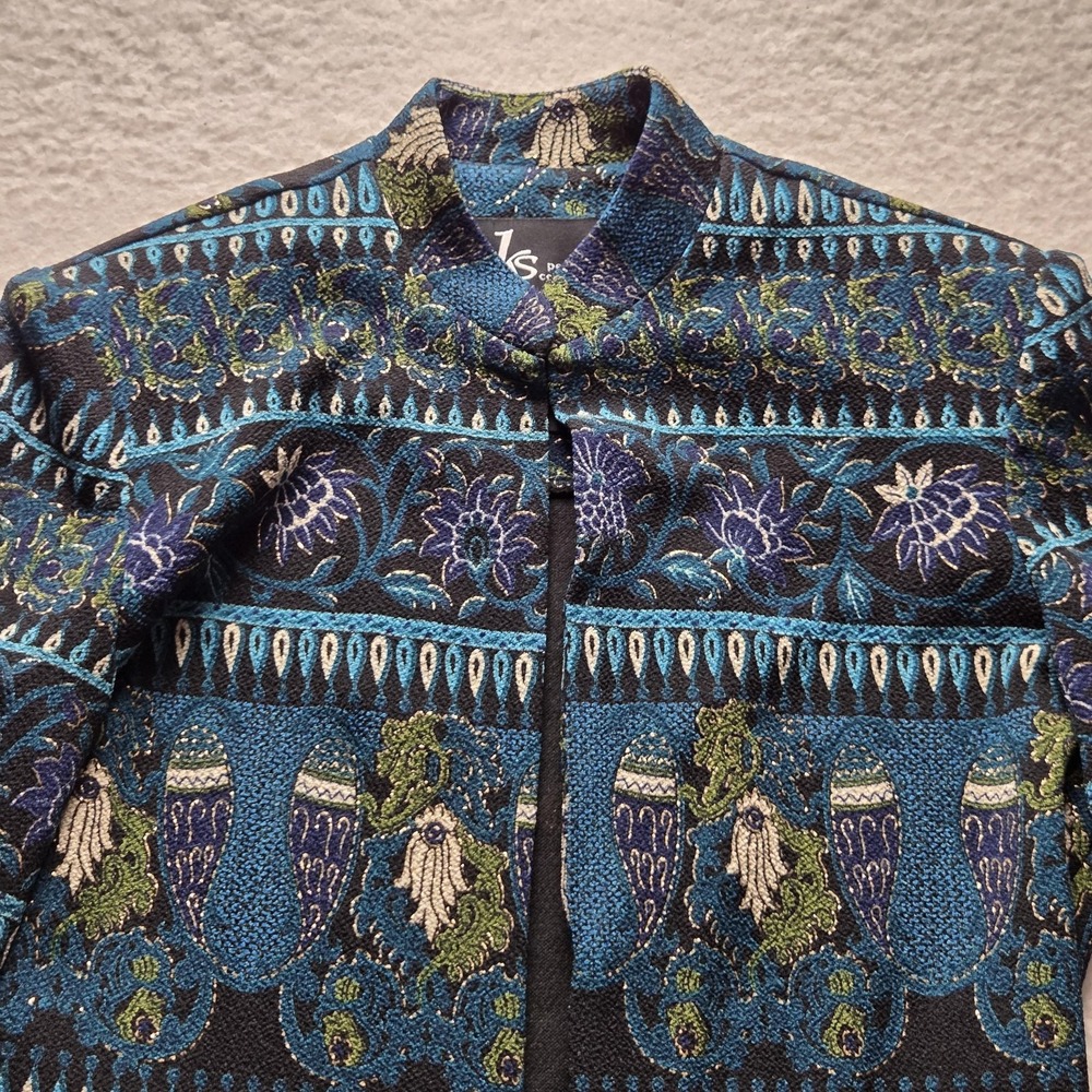 KS Petite Collection Jacket Womens Petite 8P Blue Floral Tweed Collared Boho